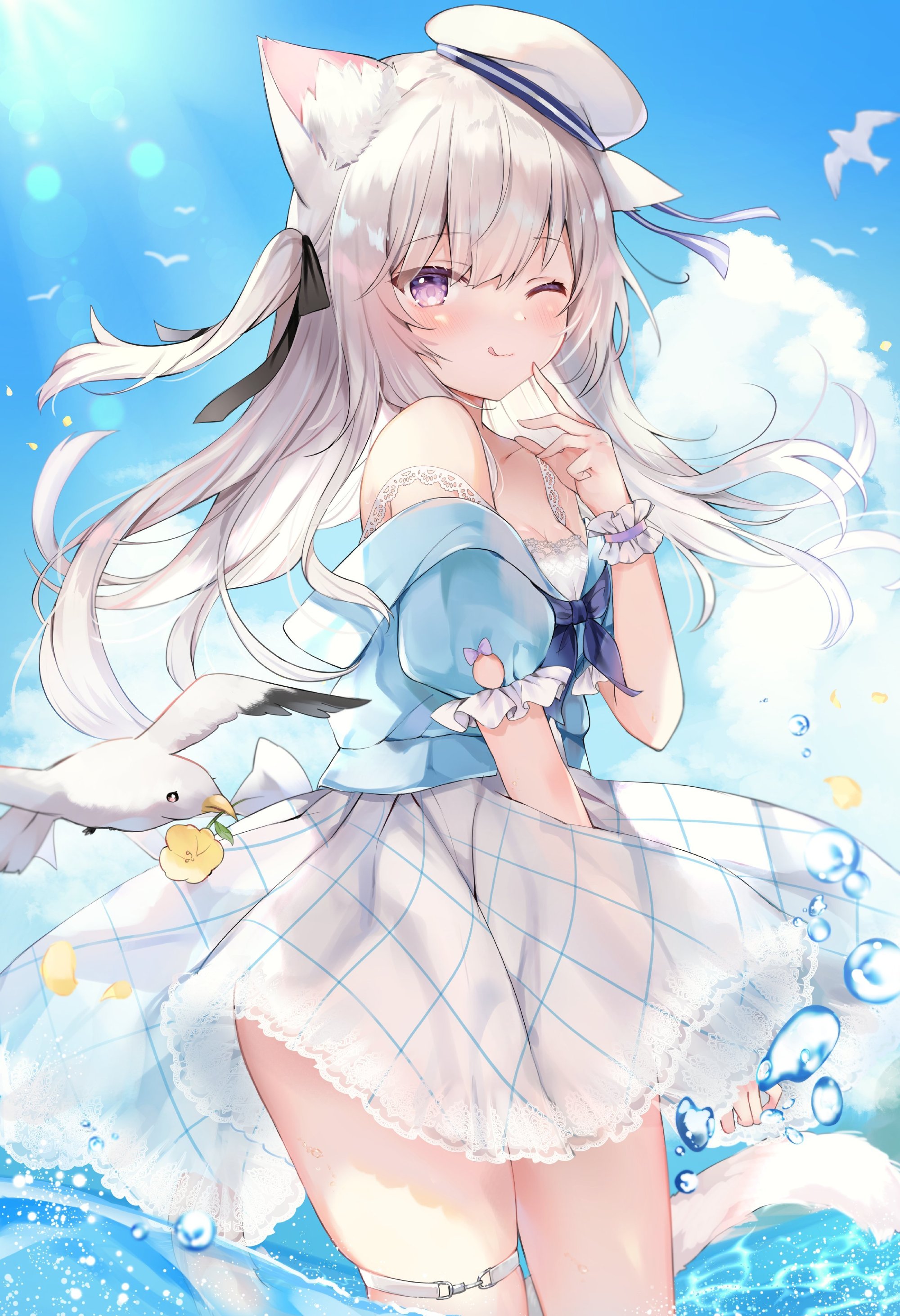 P站美图 插画壁纸 夏天 海 可爱 猫耳少女@rucaco/るかこ P站美图-第1张