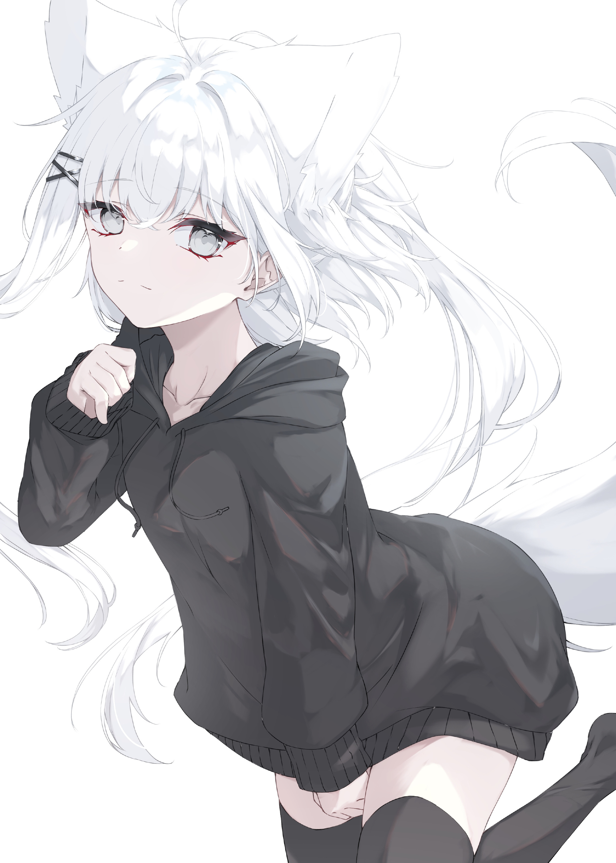 【插画美图】双马尾 白丝袜 黑发 兽耳少女壁纸推荐 P站美图-第17张