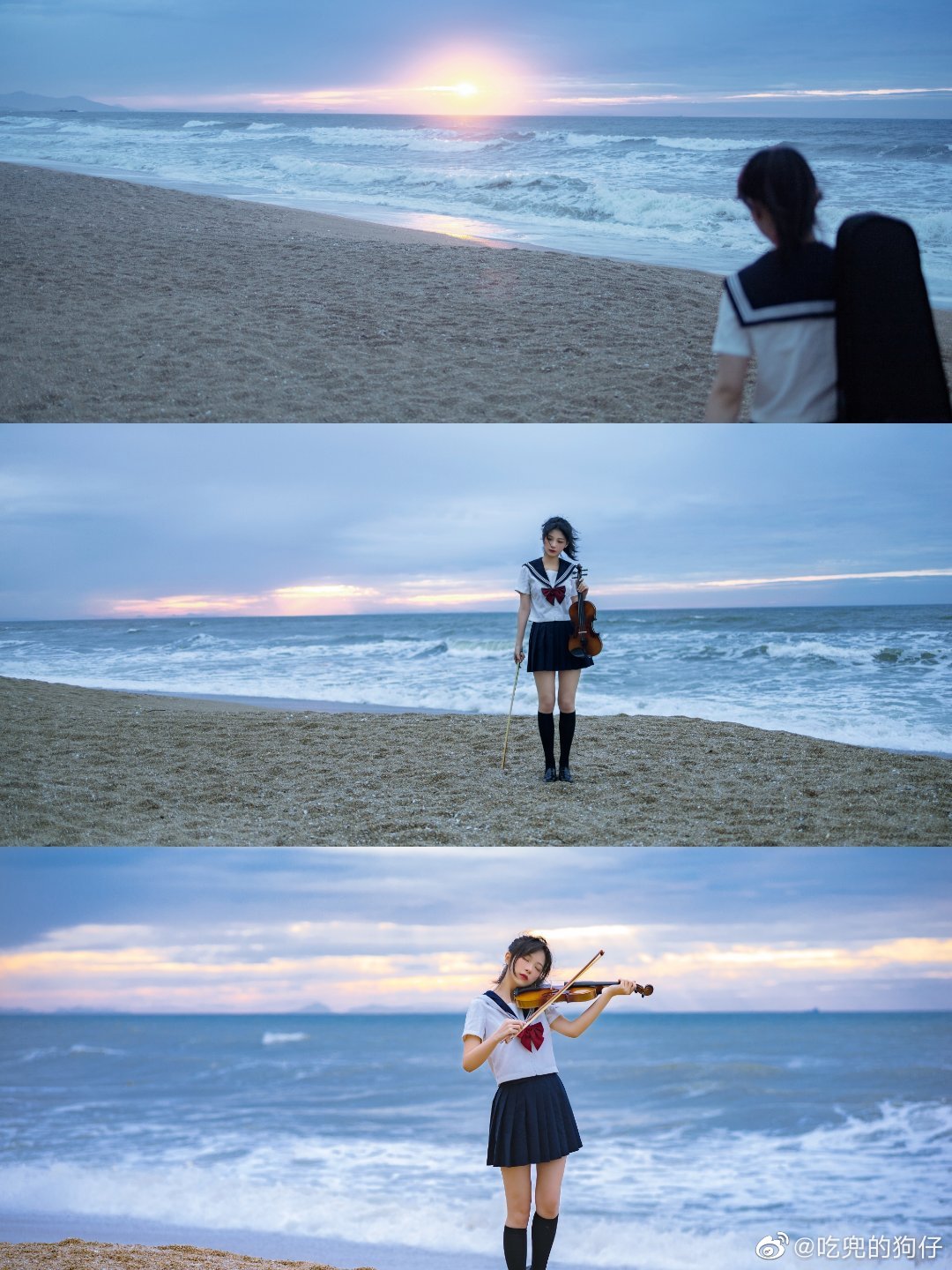 图片[1]-JK制服 少女写真 6時の日の出に、海の演奏に耳を傾けて@二茹Ruth-米哈社