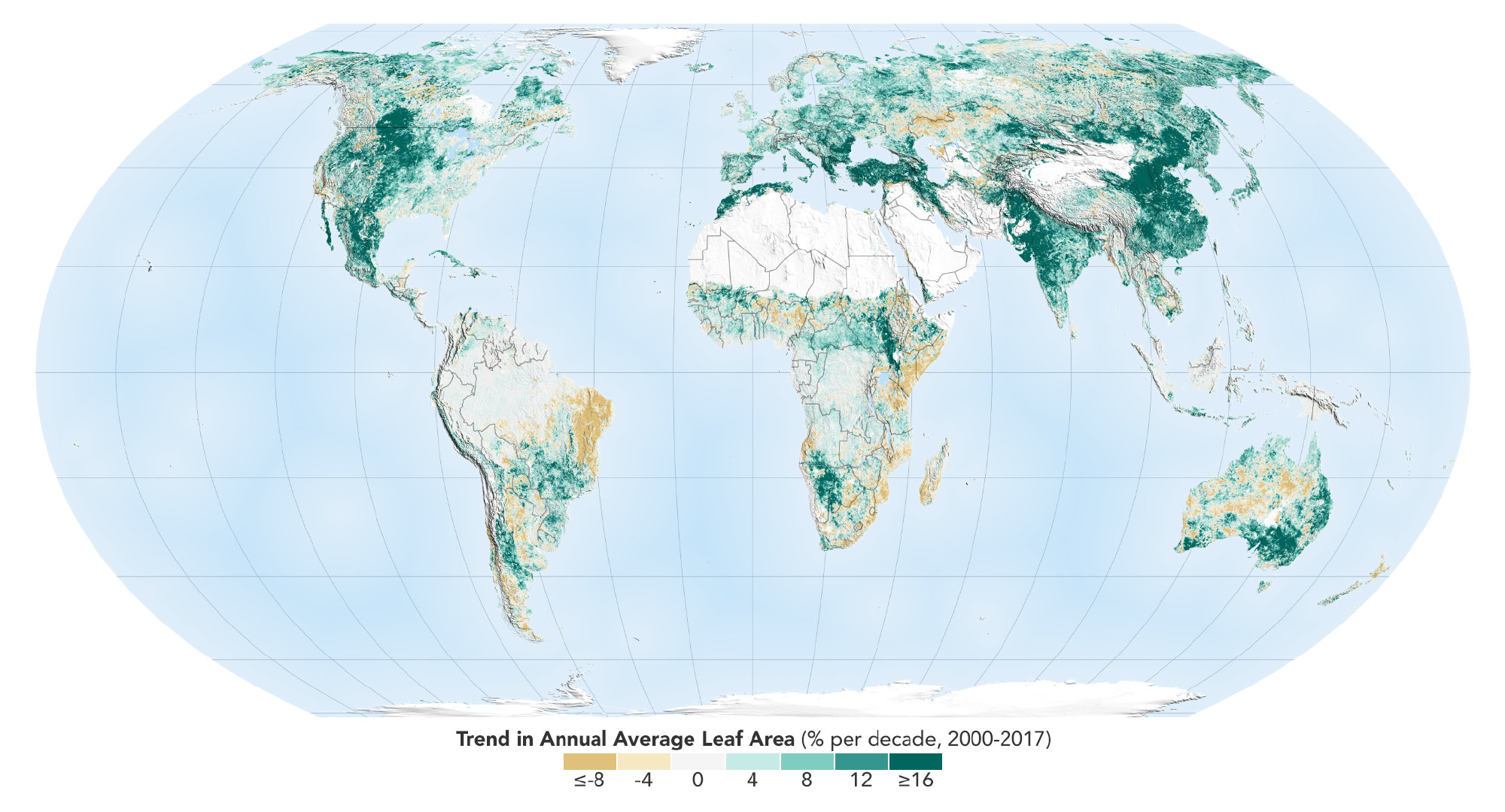 一则好消息，来自NASA Earth的卫星数据，由于中国和印度的植树和农业集约化，地球比20年前更加绿色了。