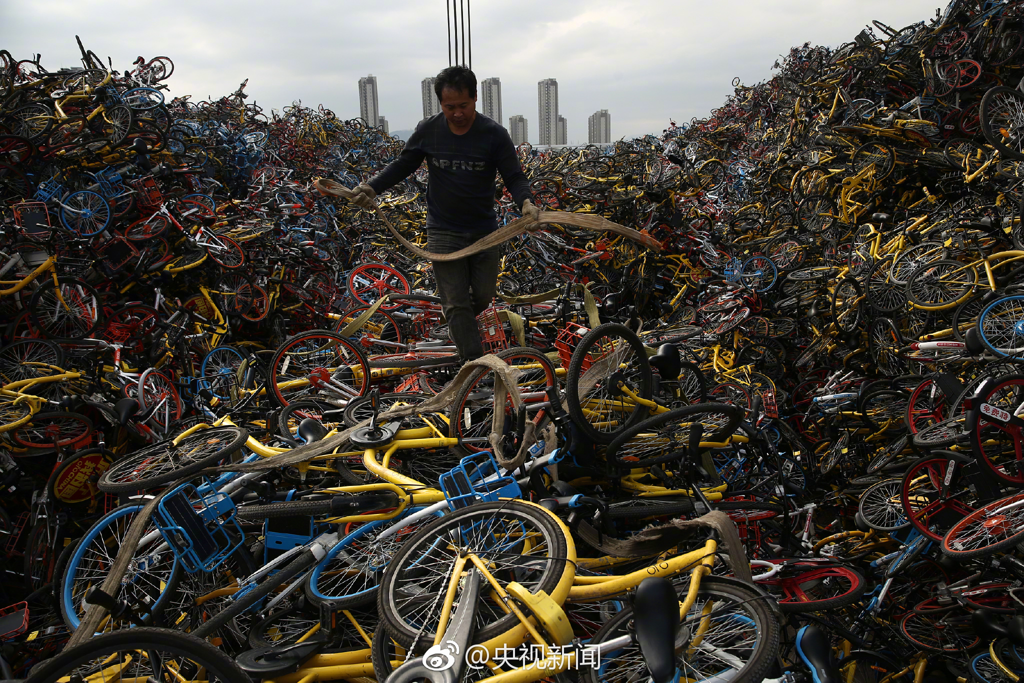 厦门：10万辆共享单车堆积成山。