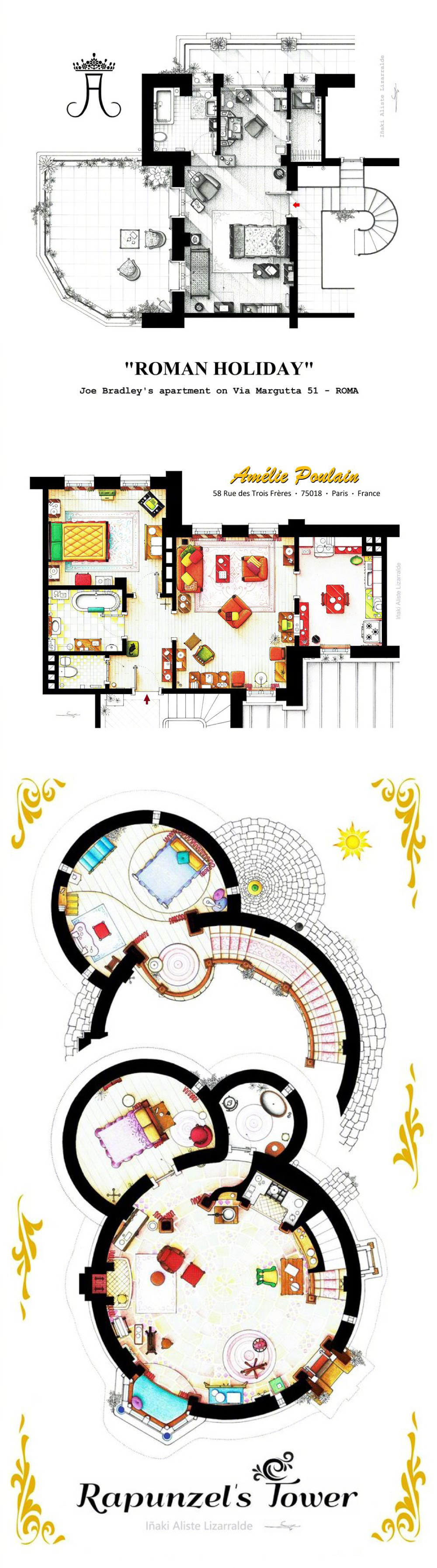 西班牙设计师Iñaki Aliste Lizarralde复原的经典影视剧公寓/房间室内结构图