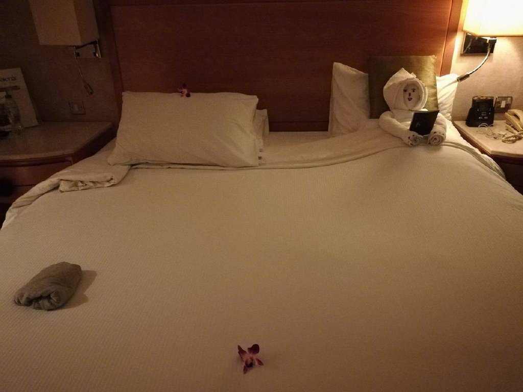 国外一网友说自己一个人出差挺孤单的，于是就用毛巾叠了个小人儿放在床上陪自己…完全OK