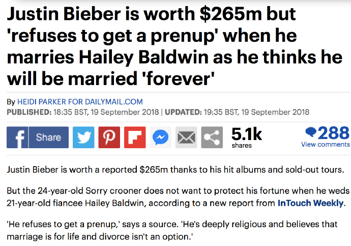 Justin Bieber身价2.65亿美元，但据最新报道他与未婚妻Hailey Baldwin结婚时，并不会选择“保护”自己的财产