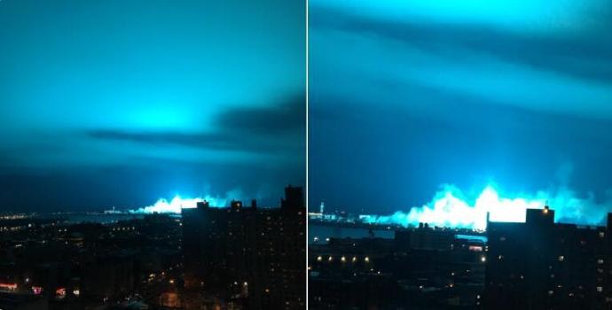 当地时间27号晚，纽约北皇后区发生变压器爆炸，城市上空瞬间被闪烁的蓝光笼罩。