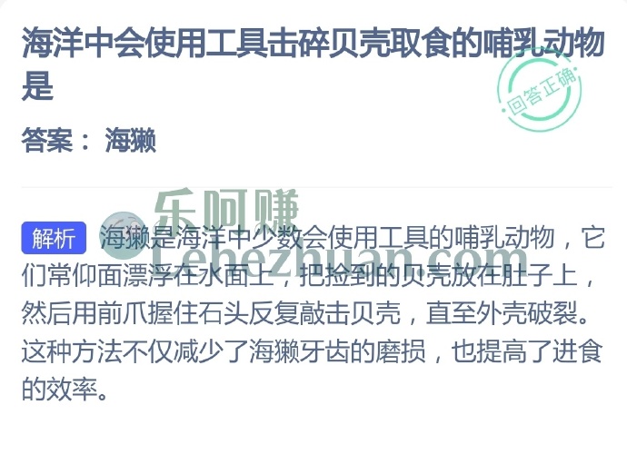 海洋中会使用工具击碎贝壳取食的哺乳动物是？